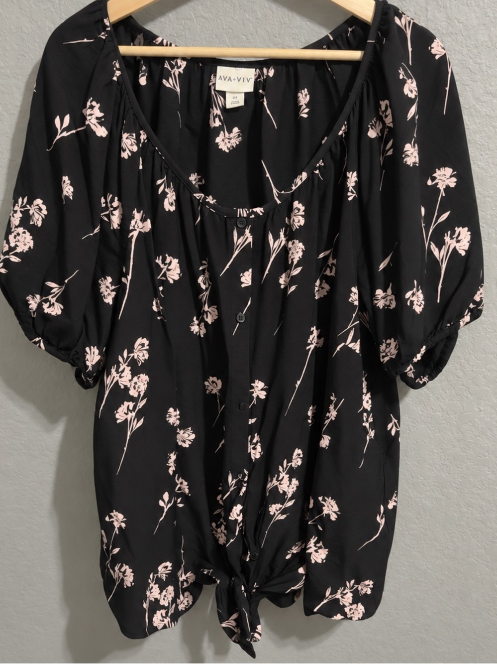 Ava & Viv Black Blouse with Light Pink Floral Tie-Front